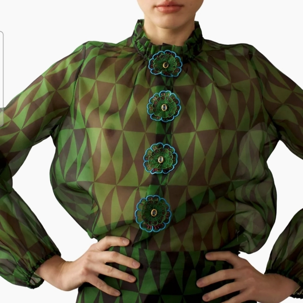 NWT Cynthia RowleyGeometric Silk Organza Flower Blouse L
